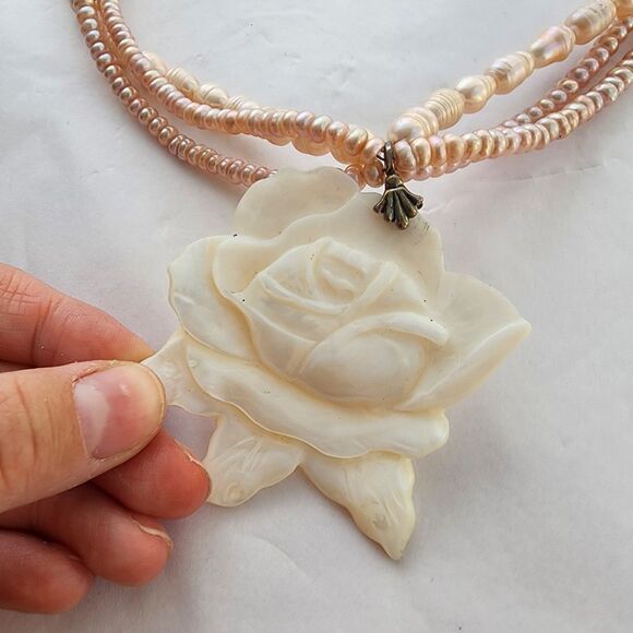 Sterling 925 Carved Mother Of Pearl Rose Pink Genuine Pearl Necklace  Choker - Picture 5 of 10